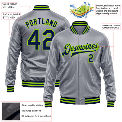 Custom Gray Navy-Neon Green Bomber Full-Snap Varsity Faux Leather Letterman Jacket