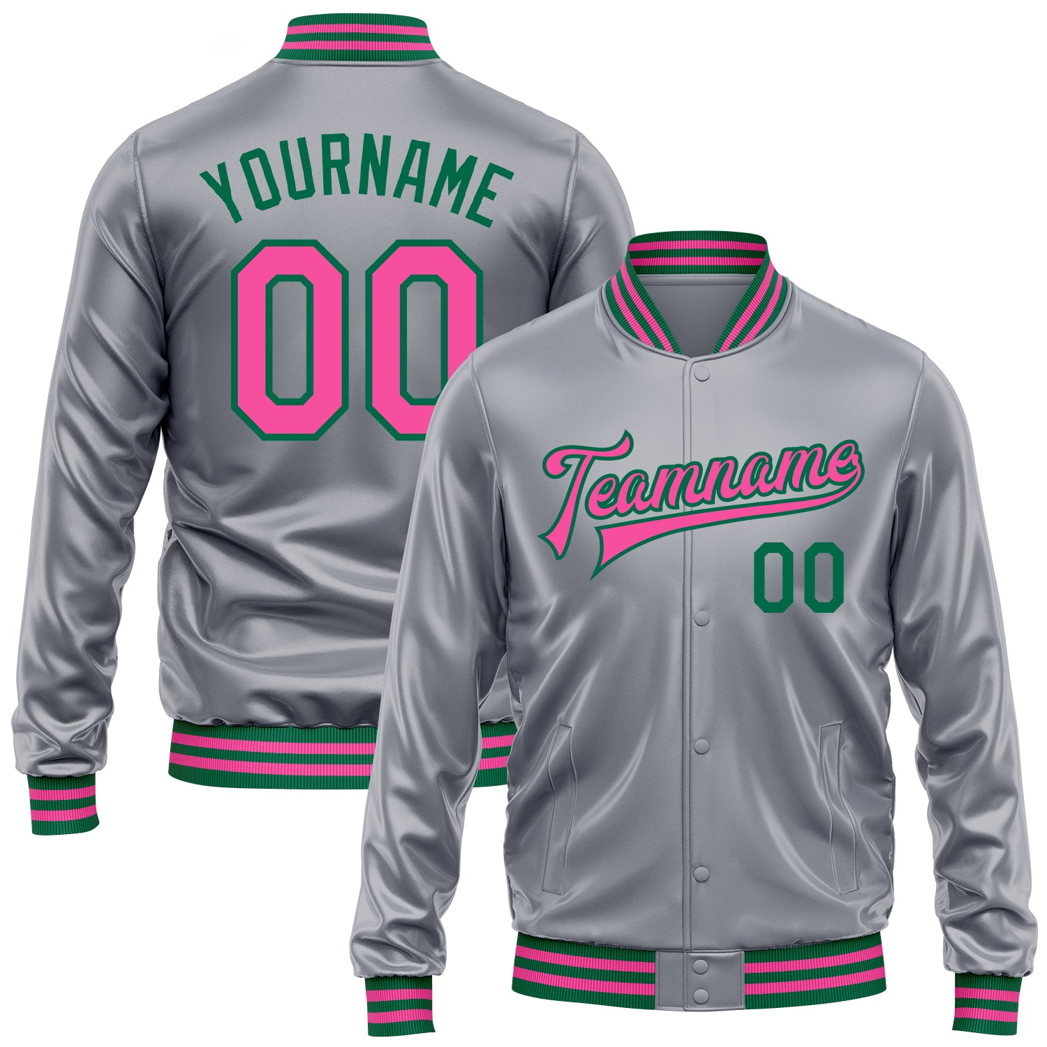 Custom Gray Pink-Kelly Green Bomber Full-Snap Varsity Faux Leather Letterman Jacket