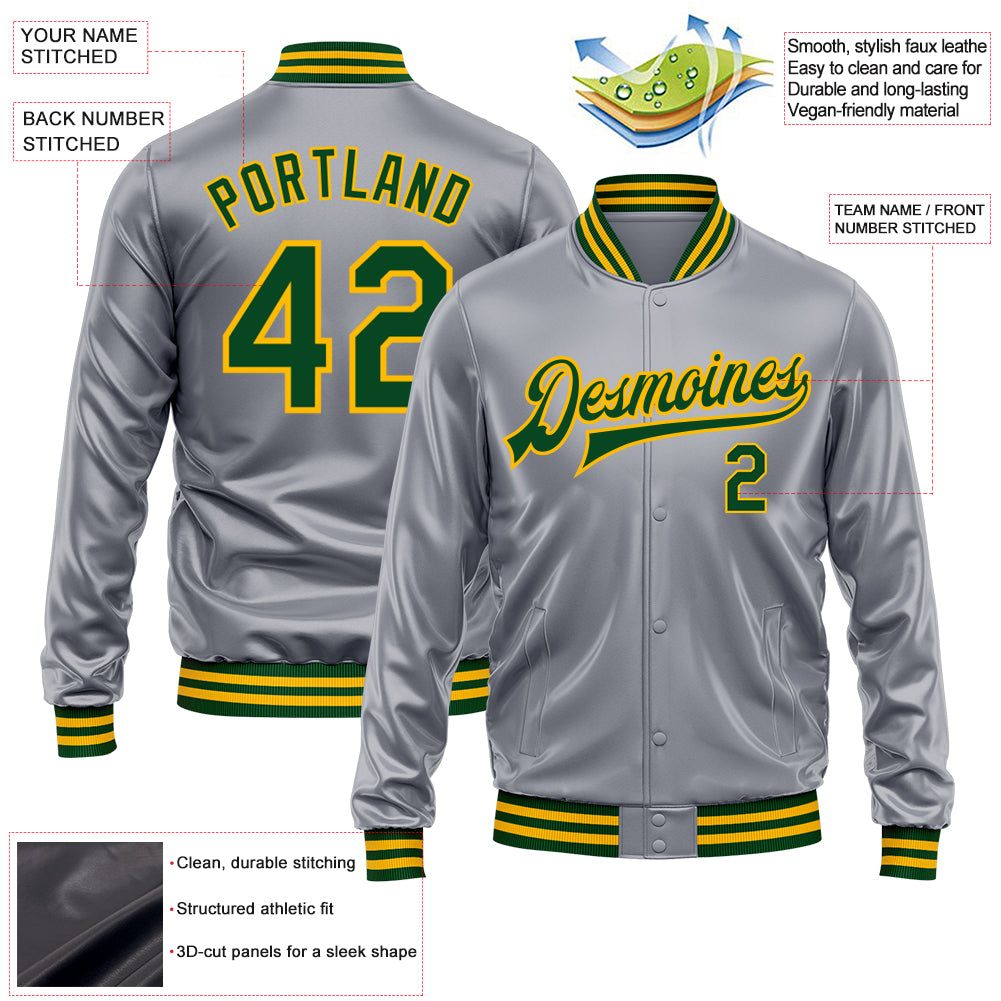 Custom Gray Green-Gold Bomber Full-Snap Varsity Faux Leather Letterman Jacket