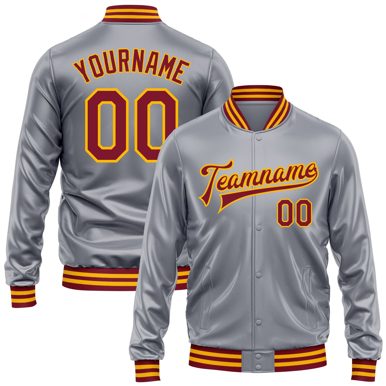Custom Gray Crimson-Gold Bomber Full-Snap Varsity Faux Leather Letterman Jacket