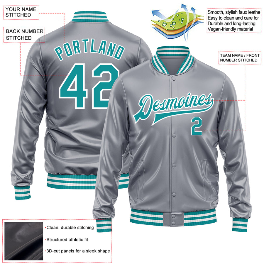 Custom Gray Teal-White Bomber Full-Snap Varsity Faux Leather Letterman Jacket