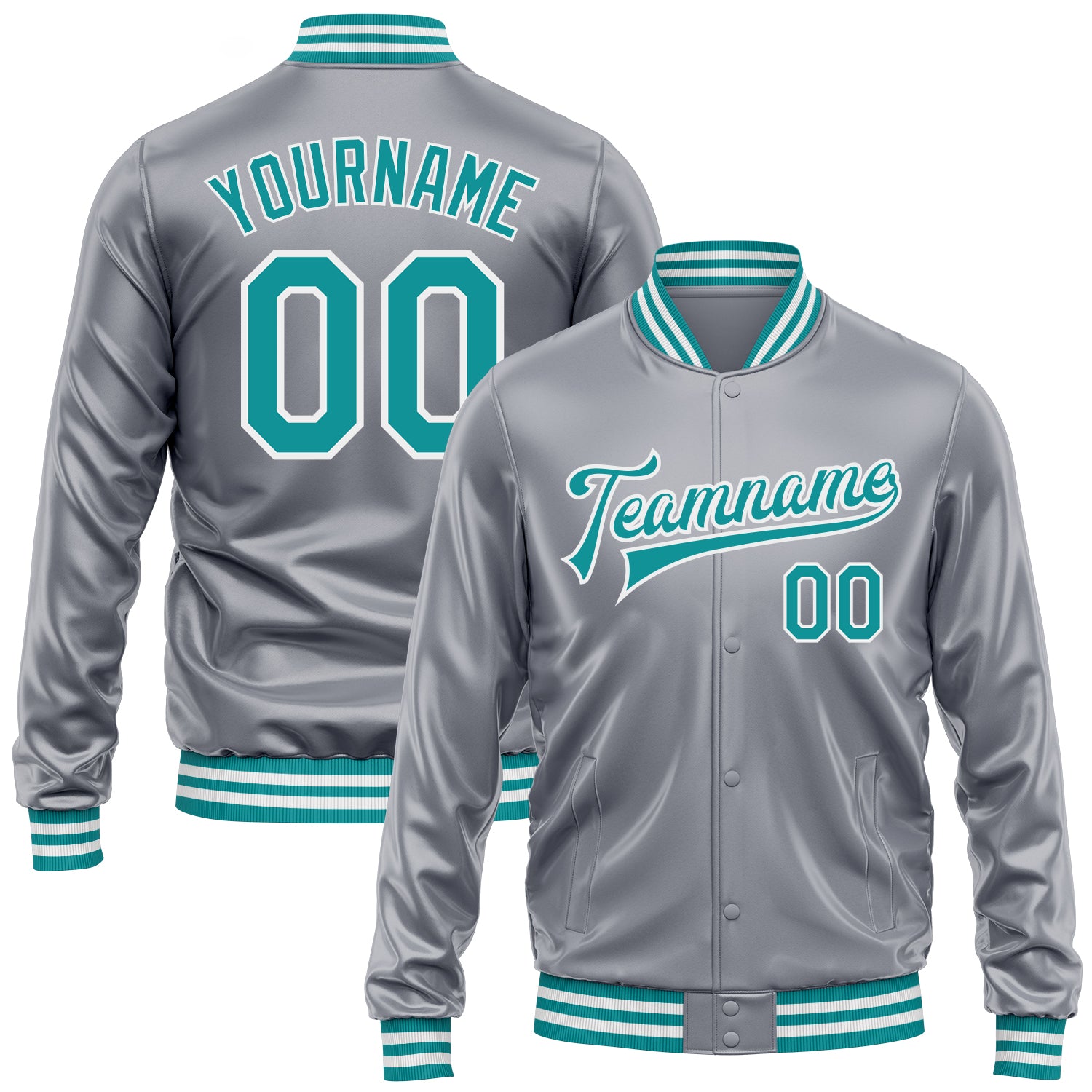 Custom Gray Teal-White Bomber Full-Snap Varsity Faux Leather Letterman Jacket