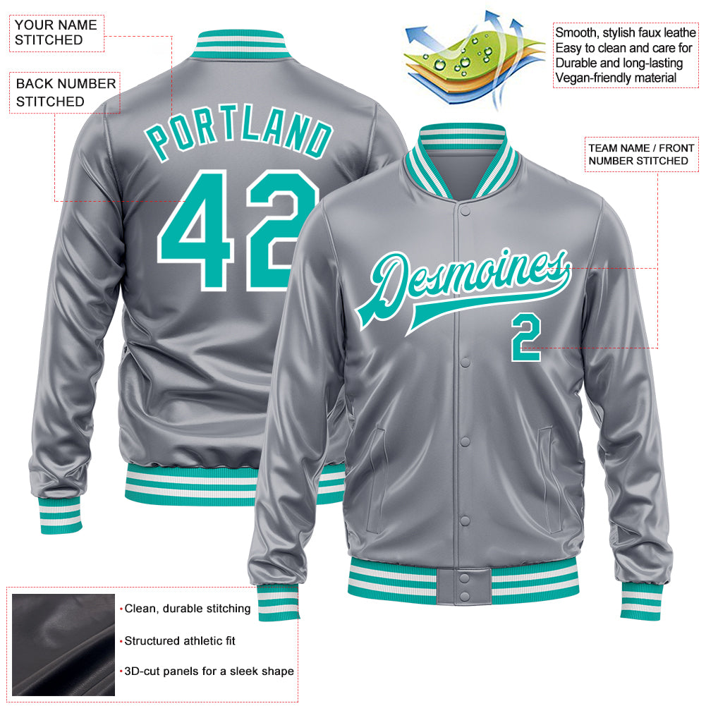 Custom Gray Aqua-White Bomber Full-Snap Varsity Faux Leather Letterman Jacket