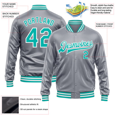 Custom Gray Aqua-White Bomber Full-Snap Varsity Faux Leather Letterman Jacket