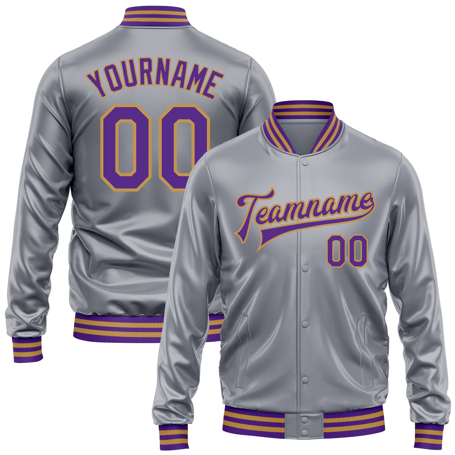 Custom Gray Purple-Old Gold Bomber Full-Snap Varsity Faux Leather Letterman Jacket