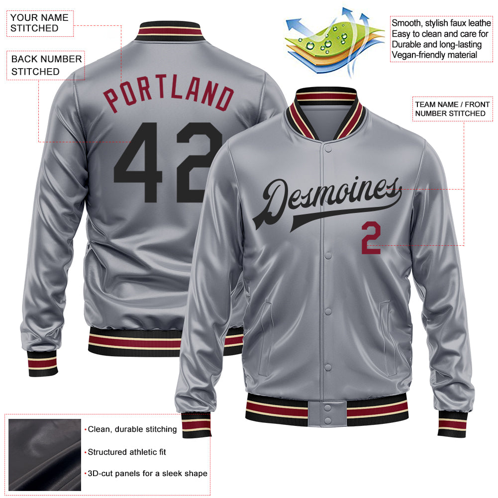Custom Gray Black-Crimson Bomber Full-Snap Varsity Faux Leather Letterman Jacket