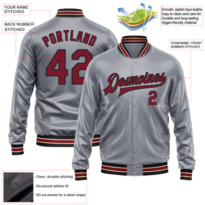 Custom Gray Crimson-Black Bomber Full-Snap Varsity Faux Leather Letterman Jacket
