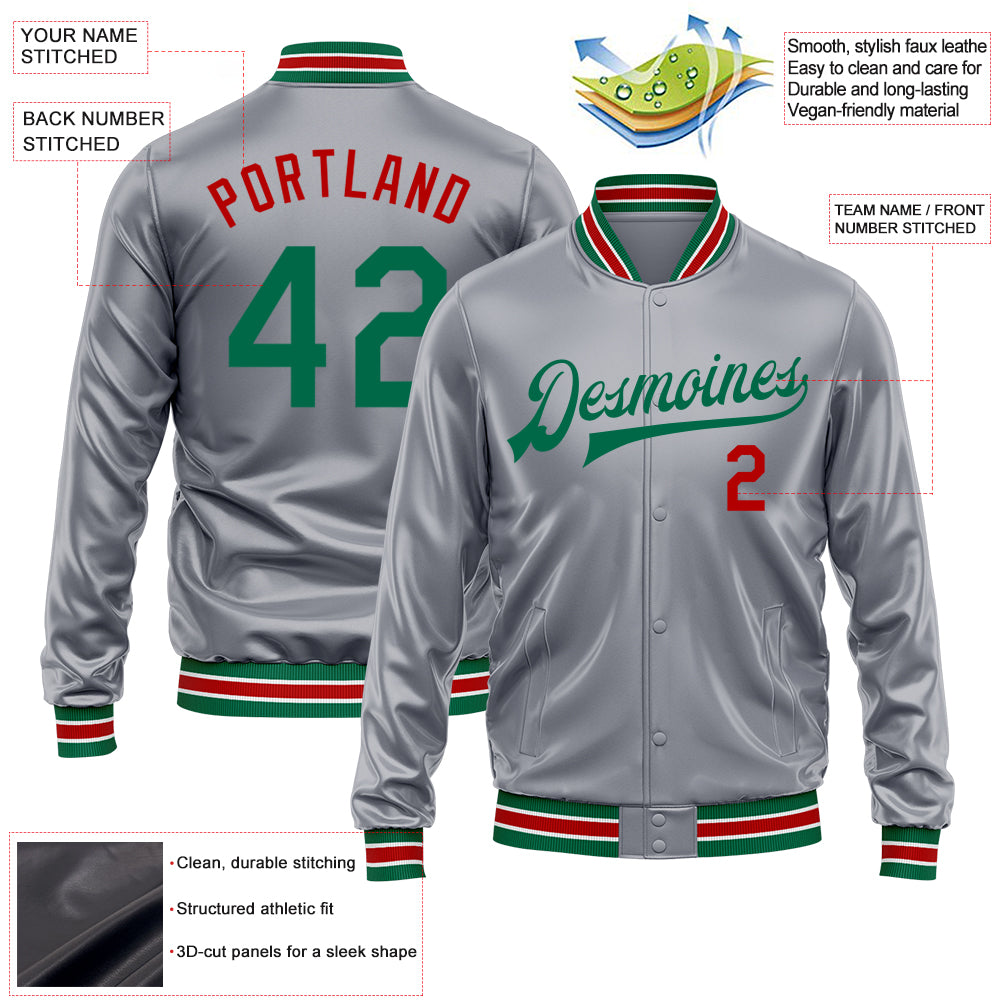 Custom Gray Kelly Green-Red Bomber Full-Snap Varsity Faux Leather Letterman Jacket