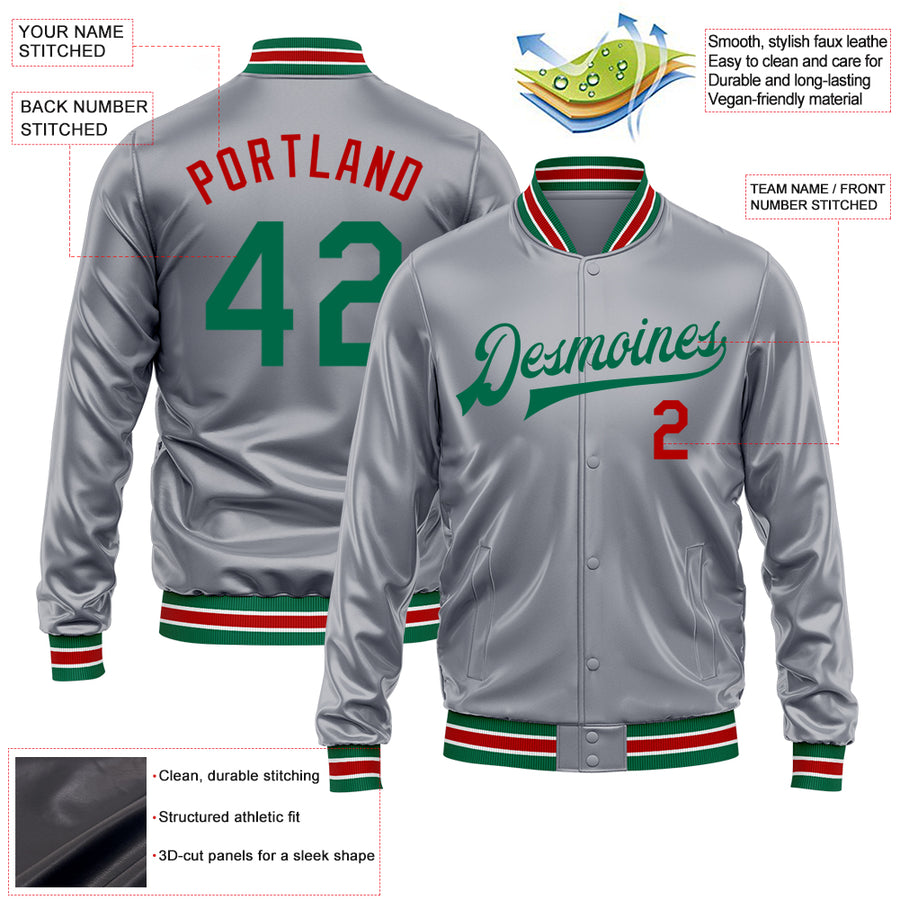 Custom Gray Kelly Green-Red Bomber Full-Snap Varsity Faux Leather Letterman Jacket