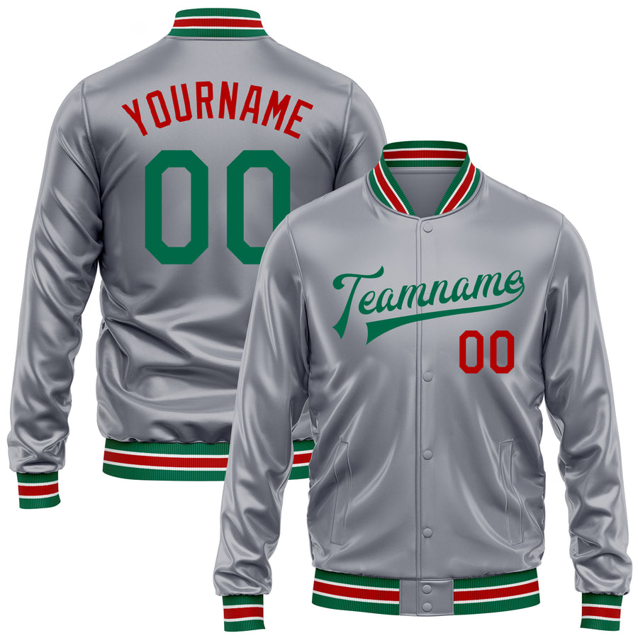 Custom Gray Kelly Green-Red Bomber Full-Snap Varsity Faux Leather Letterman Jacket
