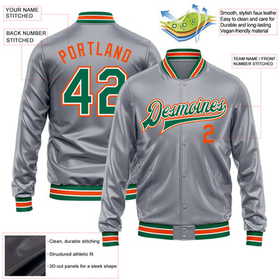 Custom Gray Kelly Green Orange-White Bomber Full-Snap Varsity Faux Leather Letterman Jacket