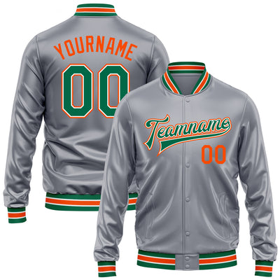 Custom Gray Kelly Green Orange-White Bomber Full-Snap Varsity Faux Leather Letterman Jacket