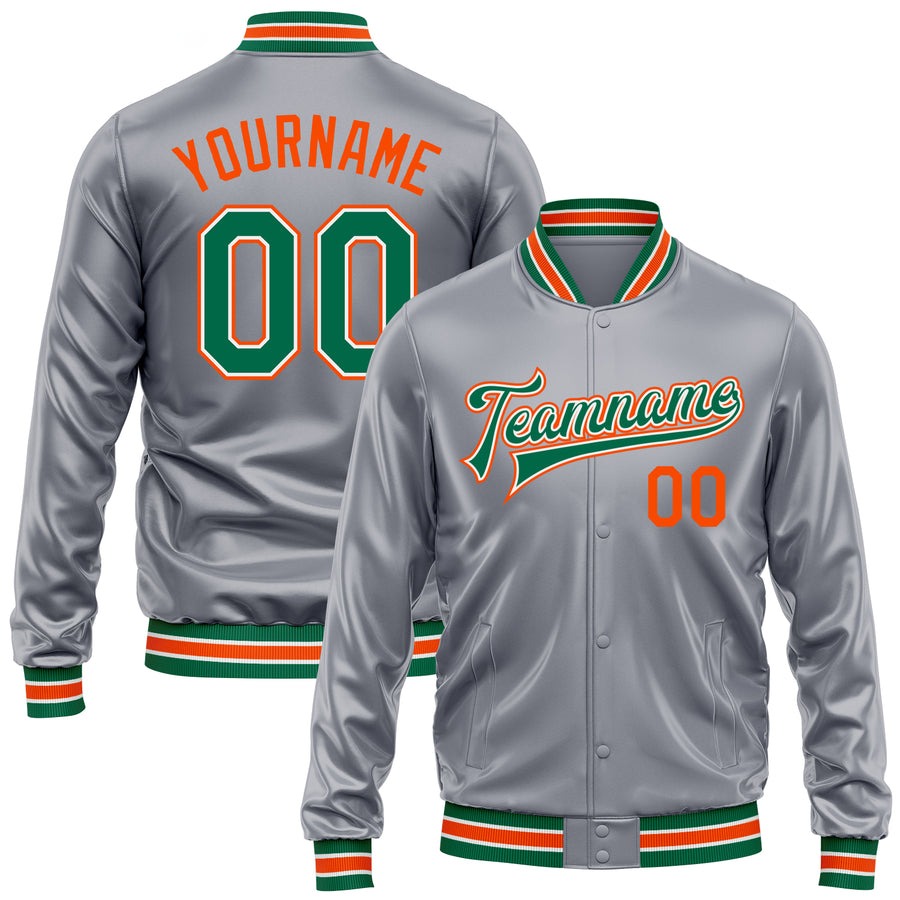 Custom Gray Kelly Green Orange-White Bomber Full-Snap Varsity Faux Leather Letterman Jacket