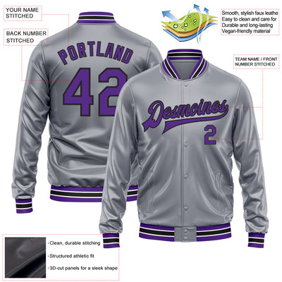 Custom Gray Purple-Black Bomber Full-Snap Varsity Faux Leather Letterman Jacket
