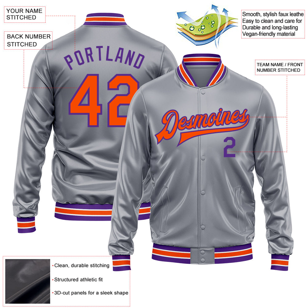 Custom Gray Orange-Purple Bomber Full-Snap Varsity Faux Leather Letterman Jacket