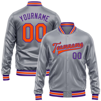 Custom Gray Orange-Purple Bomber Full-Snap Varsity Faux Leather Letterman Jacket