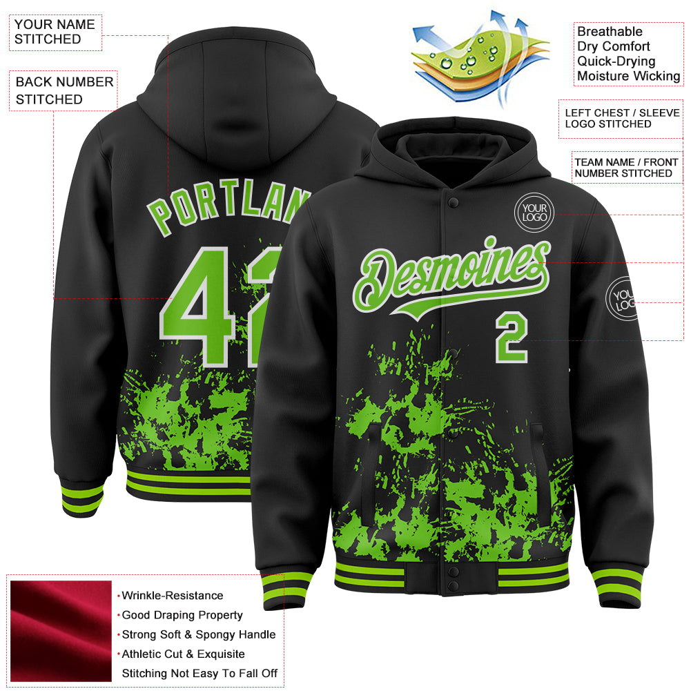 Custom Black Aurora Green-White Splash Art 3D Pattern Design Bomber Full-Snap Varsity Letterman Hoodie Jacket