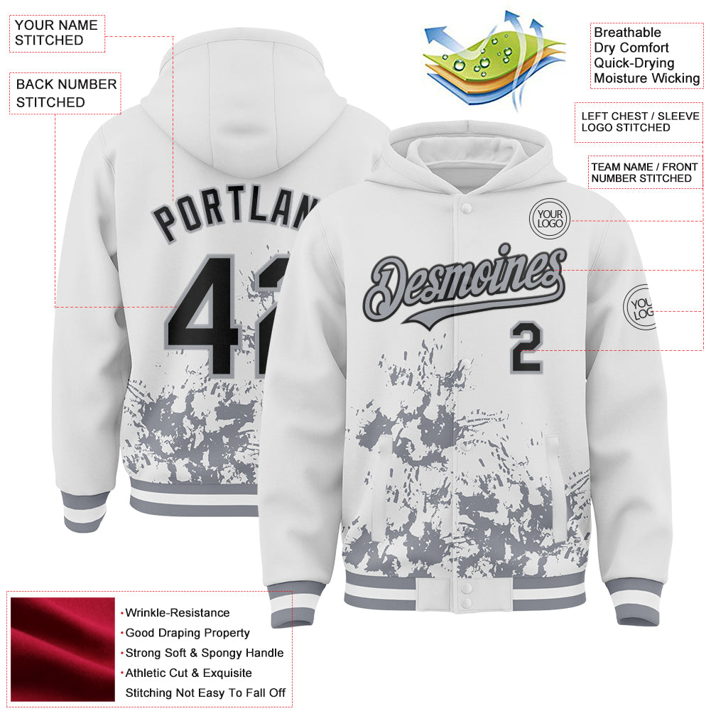 Custom White Black-Gray Splash Art 3D Pattern Design Bomber Full-Snap Varsity Letterman Hoodie Jacket