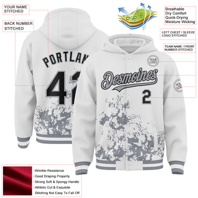 Custom White Black-Gray Splash Art 3D Pattern Design Bomber Full-Snap Varsity Letterman Hoodie Jacket