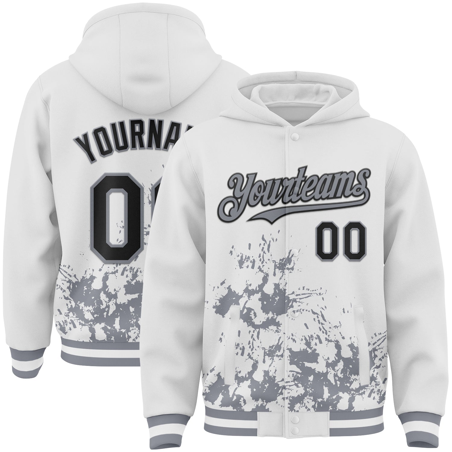 Custom White Black-Gray Splash Art 3D Pattern Design Bomber Full-Snap Varsity Letterman Hoodie Jacket