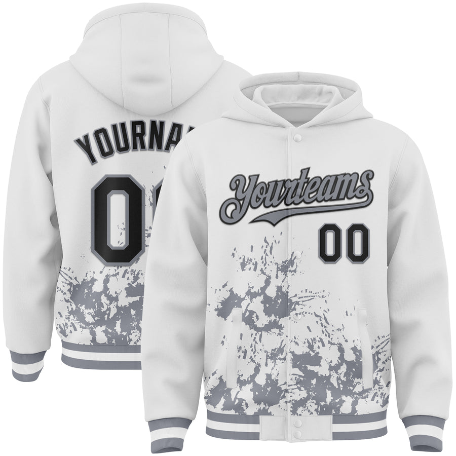 Custom White Black-Gray Splash Art 3D Pattern Design Bomber Full-Snap Varsity Letterman Hoodie Jacket