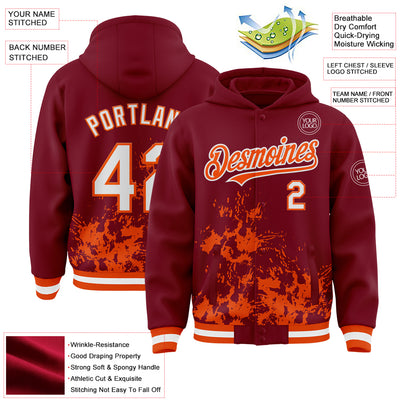 Custom Crimson White-Orange Splash Art 3D Pattern Design Bomber Full-Snap Varsity Letterman Hoodie Jacket