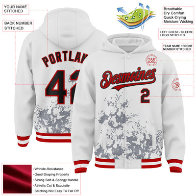 Custom White Black Gray-Red Splash Art 3D Pattern Design Bomber Full-Snap Varsity Letterman Hoodie Jacket