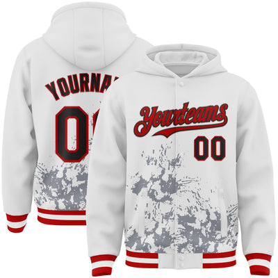 Custom White Black Gray-Red Splash Art 3D Pattern Design Bomber Full-Snap Varsity Letterman Hoodie Jacket