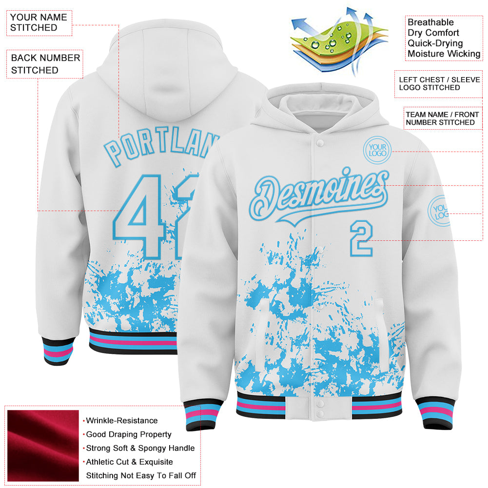 Custom White Sky Blue Black-Pink Splash Art 3D Pattern Design Bomber Full-Snap Varsity Letterman Hoodie Jacket