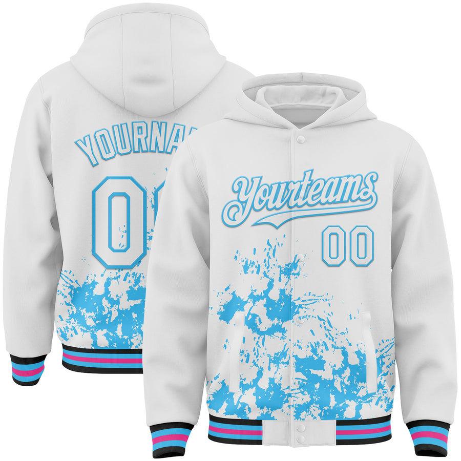 Custom White Sky Blue Black-Pink Splash Art 3D Pattern Design Bomber Full-Snap Varsity Letterman Hoodie Jacket