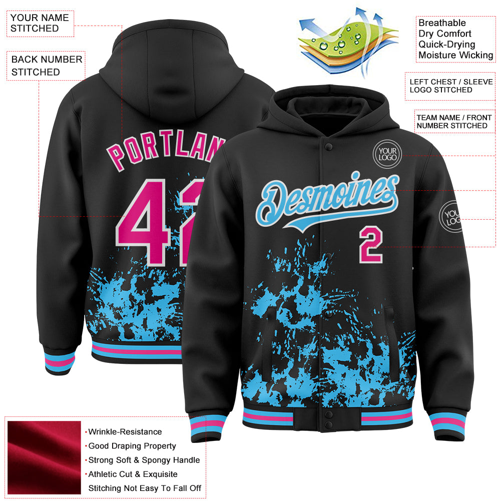 Custom Black Hot Pink Sky Blue-White Splash Art 3D Pattern Design Bomber Full-Snap Varsity Letterman Hoodie Jacket
