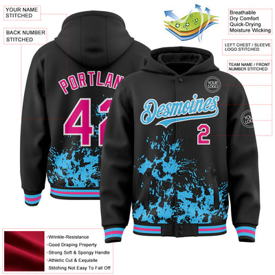 Custom Black Hot Pink Sky Blue-White Splash Art 3D Pattern Design Bomber Full-Snap Varsity Letterman Hoodie Jacket