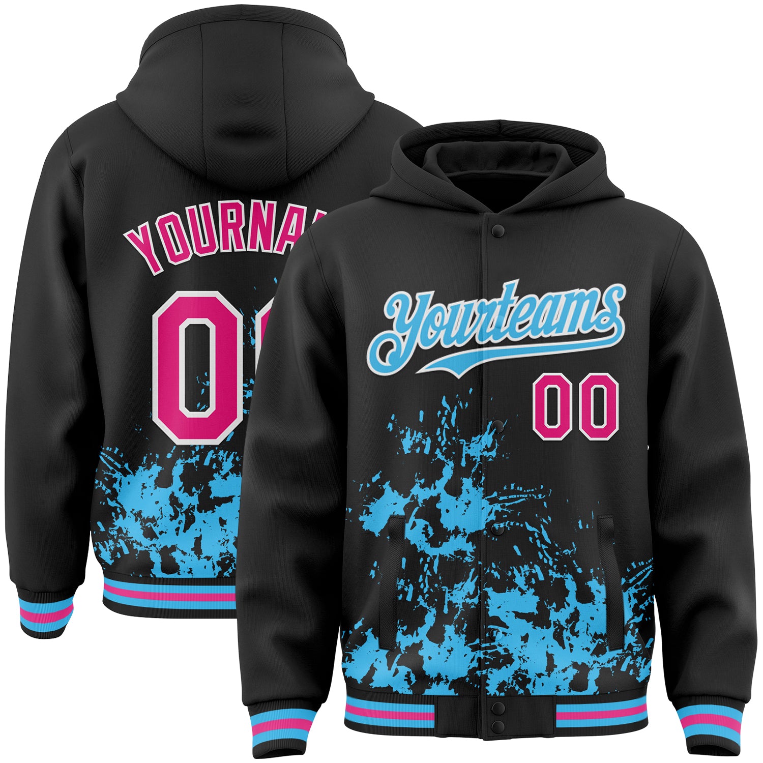 Custom Black Hot Pink Sky Blue-White Splash Art 3D Pattern Design Bomber Full-Snap Varsity Letterman Hoodie Jacket