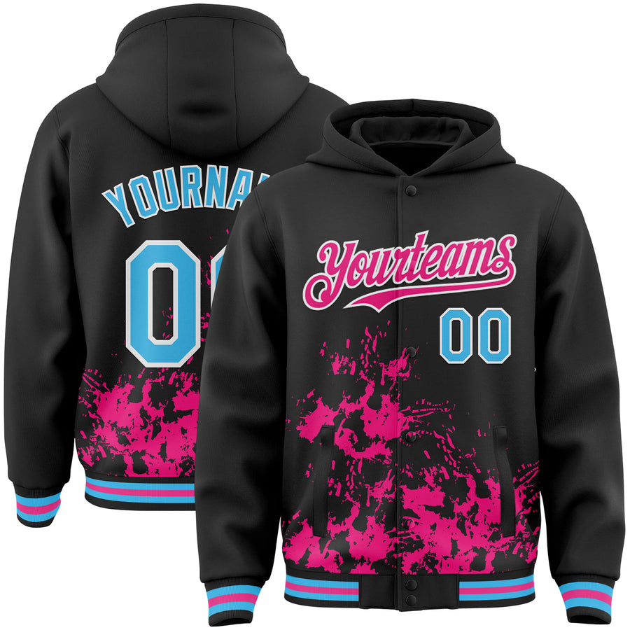 Custom Black Sky Blue Hot Pink-White Splash Art 3D Pattern Design Bomber Full-Snap Varsity Letterman Hoodie Jacket