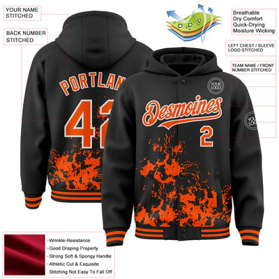 Custom Black Orange-White Splash Art 3D Pattern Design Bomber Full-Snap Varsity Letterman Hoodie Jacket