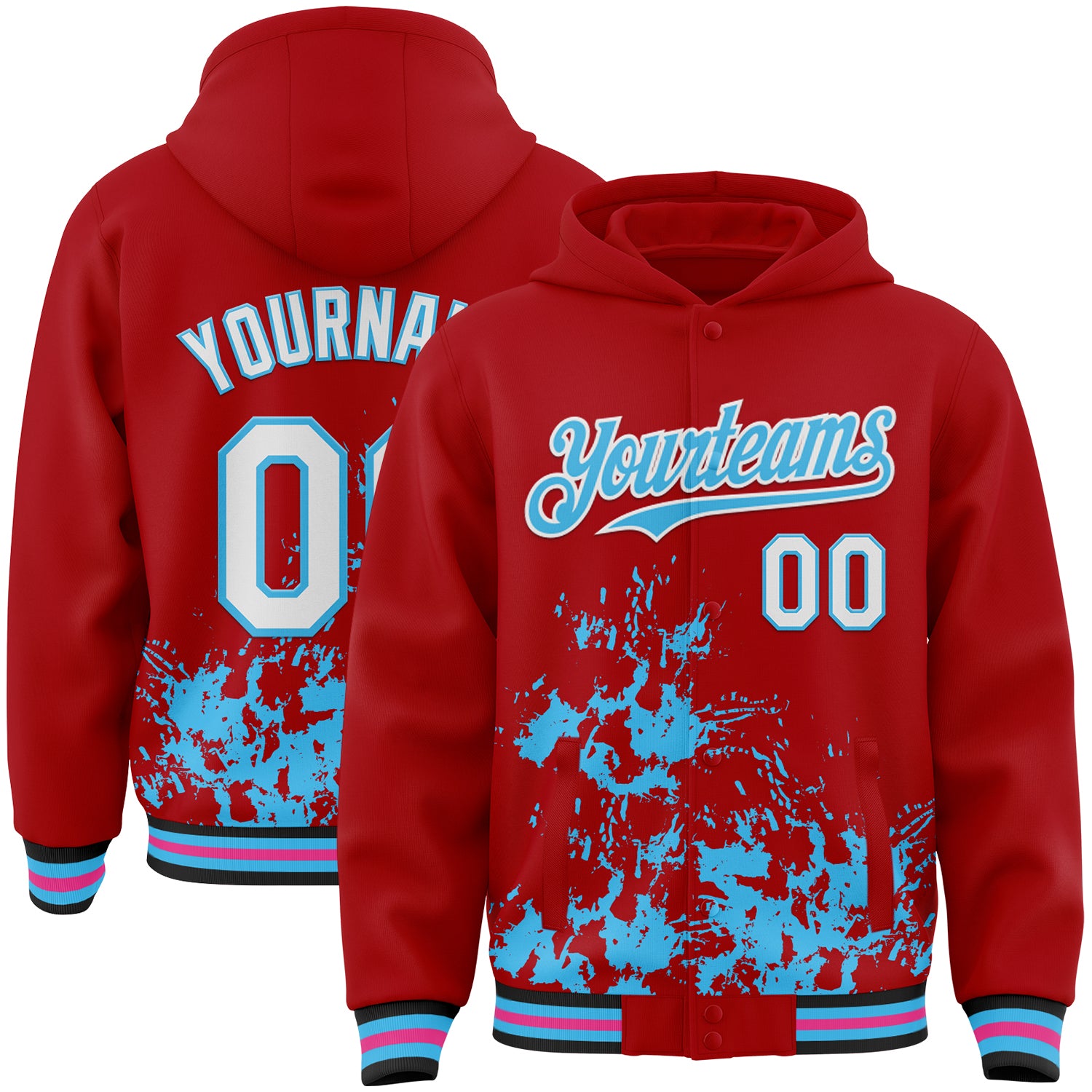 Custom Red White Sky Blue Black-Pink Splash Art 3D Pattern Design Bomber Full-Snap Varsity Letterman Hoodie Jacket