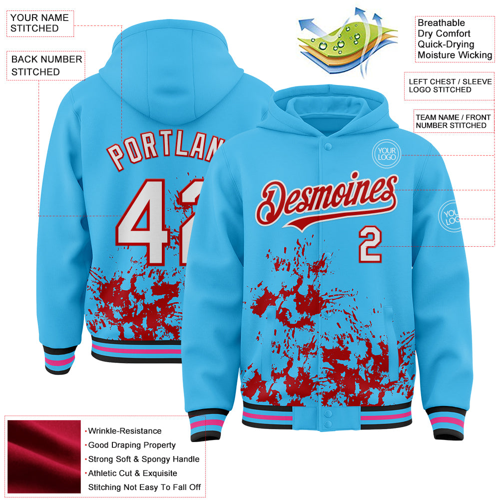 Custom Sky Blue White-Red Splash Art 3D Pattern Design Bomber Full-Snap Varsity Letterman Hoodie Jacket