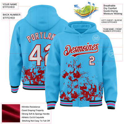 Custom Sky Blue White-Red Splash Art 3D Pattern Design Bomber Full-Snap Varsity Letterman Hoodie Jacket