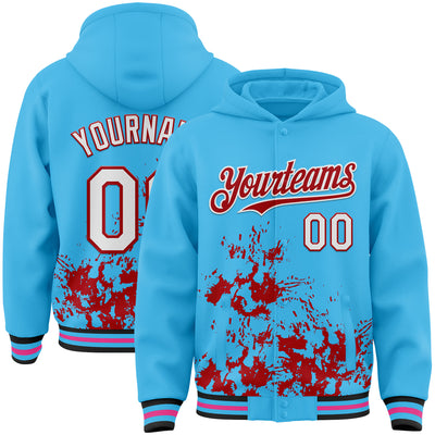 Custom Sky Blue White-Red Splash Art 3D Pattern Design Bomber Full-Snap Varsity Letterman Hoodie Jacket