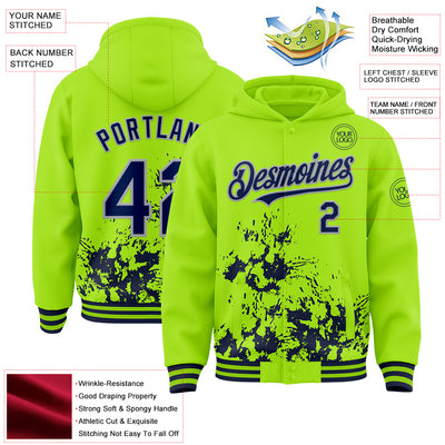 Custom Neon Green Navy-Gray Splash Art 3D Pattern Design Bomber Full-Snap Varsity Letterman Hoodie Jacket