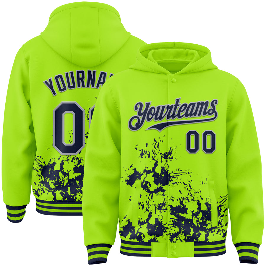 Custom Neon Green Navy-Gray Splash Art 3D Pattern Design Bomber Full-Snap Varsity Letterman Hoodie Jacket