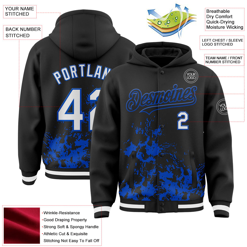 Custom Black White-Thunder Blue Splash Art 3D Pattern Design Bomber Full-Snap Varsity Letterman Hoodie Jacket