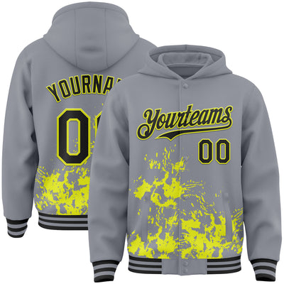 Custom Gray Black-Neon Yellow Splash Art 3D Pattern Design Bomber Full-Snap Varsity Letterman Hoodie Jacket