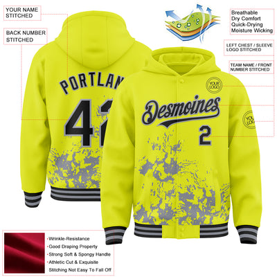 Custom Neon Yellow Black-Gray Splash Art 3D Pattern Design Bomber Full-Snap Varsity Letterman Hoodie Jacket