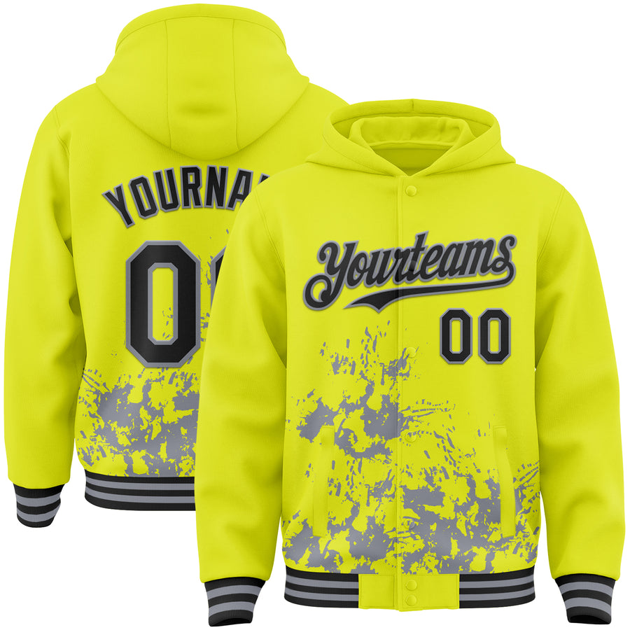 Custom Neon Yellow Black-Gray Splash Art 3D Pattern Design Bomber Full-Snap Varsity Letterman Hoodie Jacket