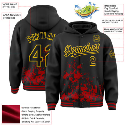 Custom Black Red-Yellow Splash Art 3D Pattern Design Bomber Full-Snap Varsity Letterman Hoodie Jacket
