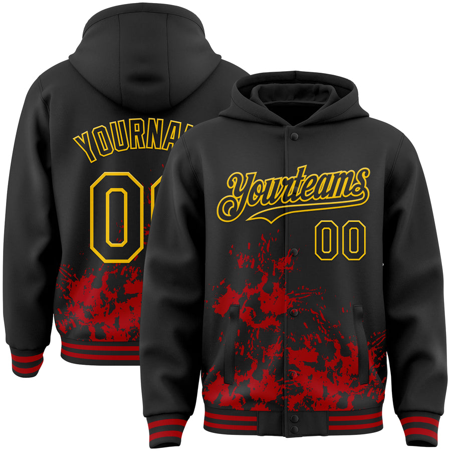 Custom Black Red-Yellow Splash Art 3D Pattern Design Bomber Full-Snap Varsity Letterman Hoodie Jacket