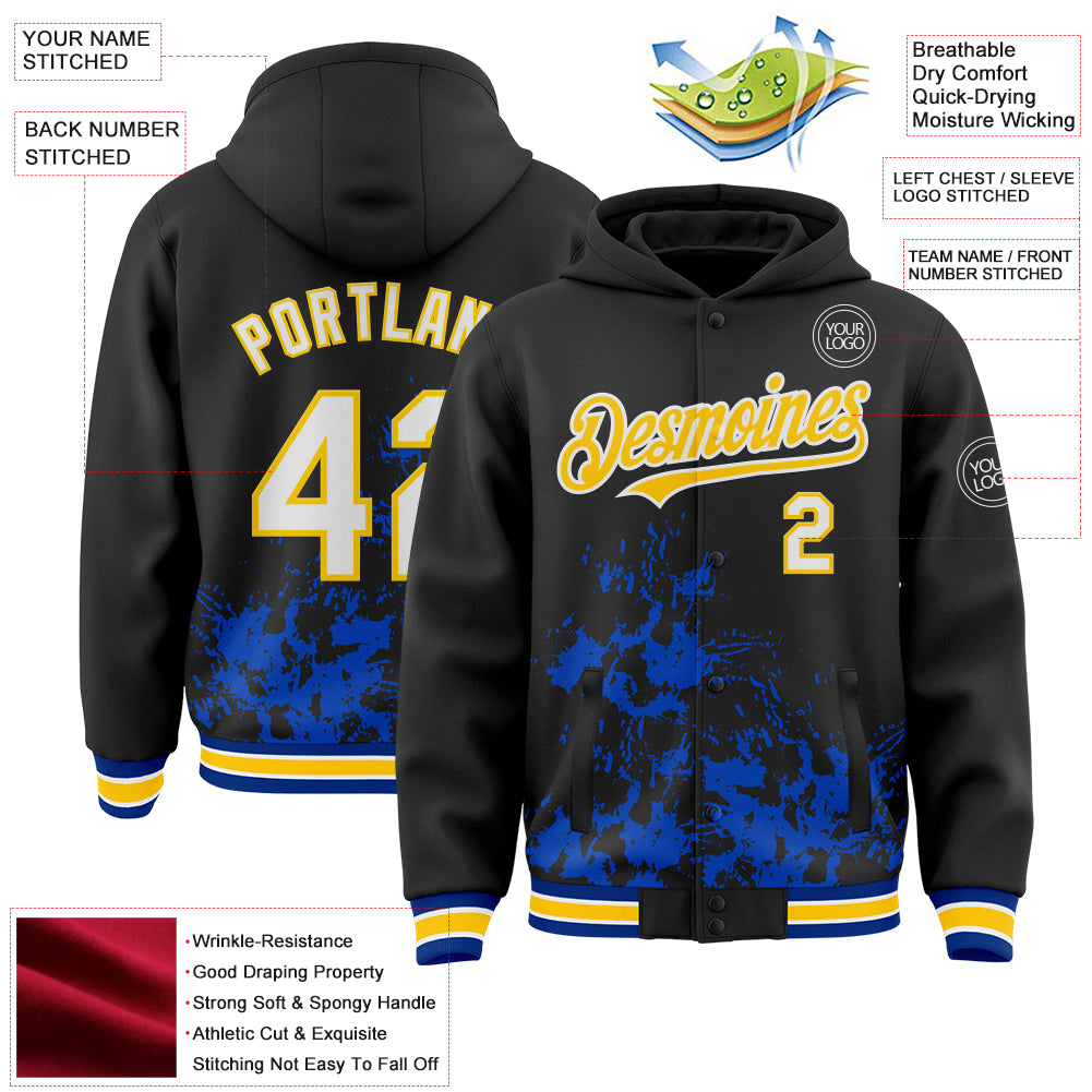 Custom Black White Thunder Blue Yellow-Royal Splash Art 3D Pattern Design Bomber Full-Snap Varsity Letterman Hoodie Jacket