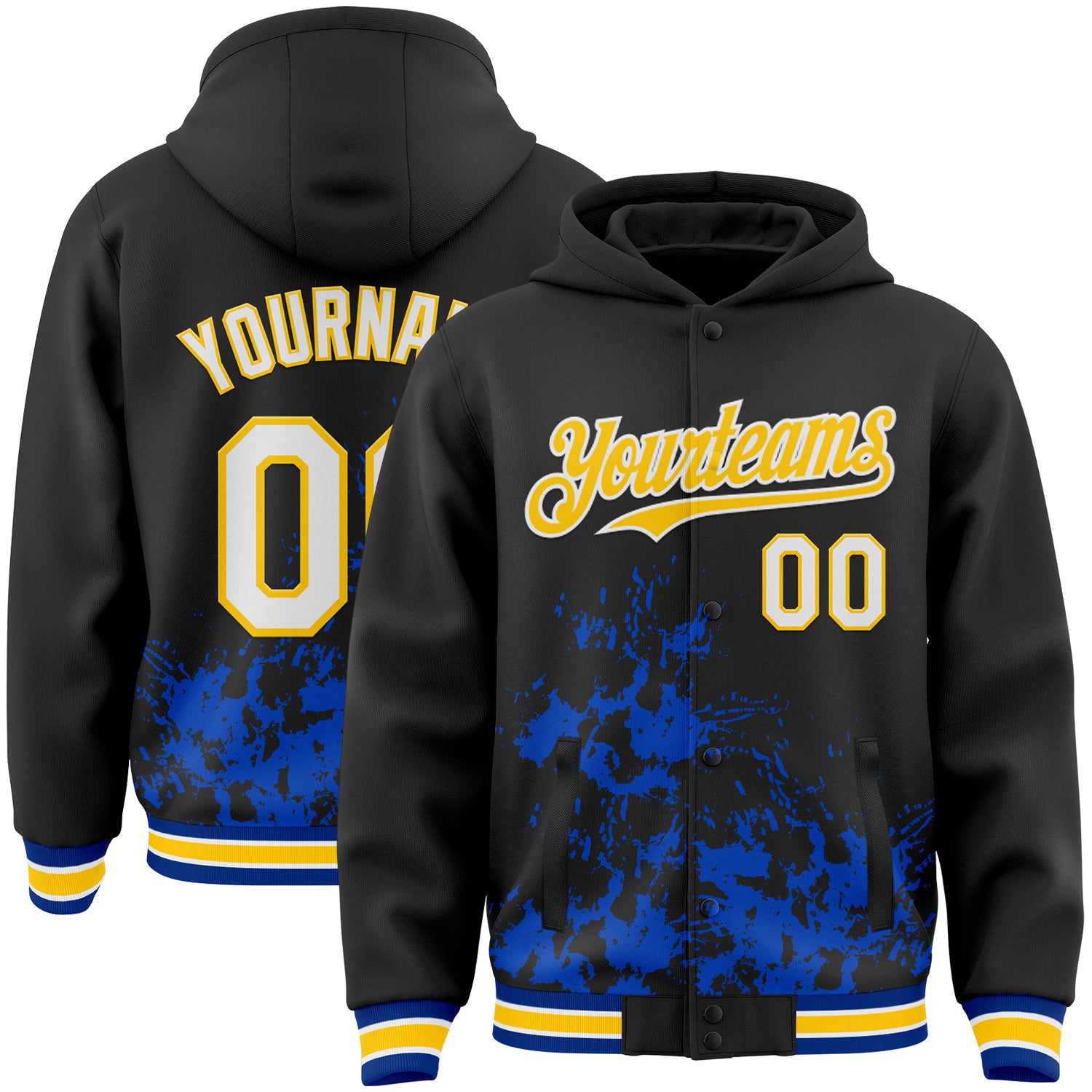 Custom Black White Thunder Blue Yellow-Royal Splash Art 3D Pattern Design Bomber Full-Snap Varsity Letterman Hoodie Jacket
