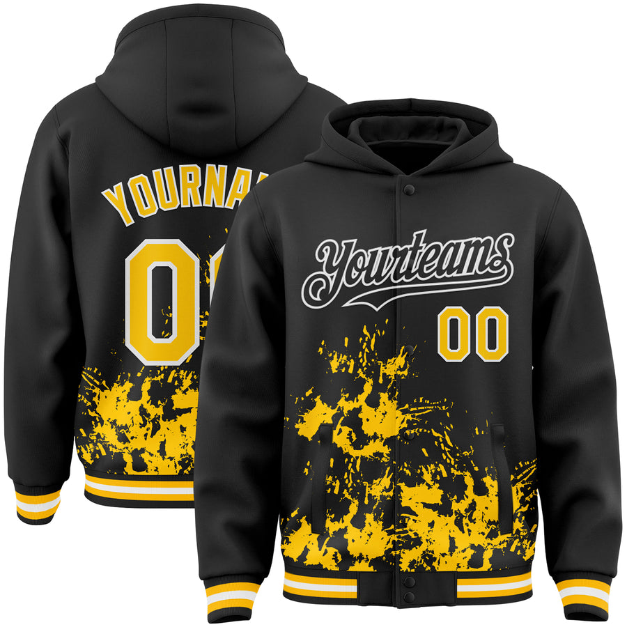 Custom Black Yellow-White Splash Art 3D Pattern Design Bomber Full-Snap Varsity Letterman Hoodie Jacket